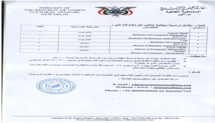 72 مقعد دراسي مجاني للطلبة اليمنيين في إحدى جامعات الهند